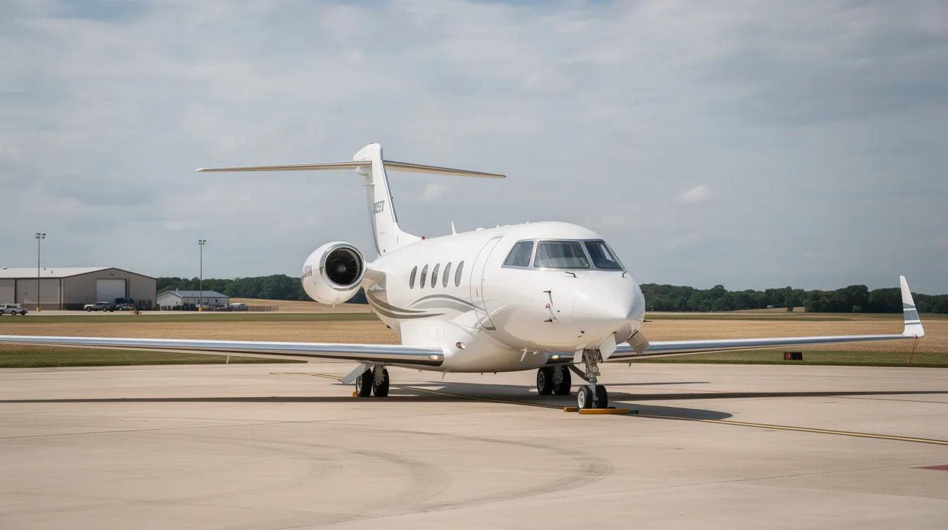 A small private jet is parked on the ramp of a regional airport, with a flat Midwestern landscape stretching out in the background. This scene captures the serene environment of Peru, Indiana, near Grissom Air Reserve Base, highlighting the aircraft's presence in this tranquil setting.