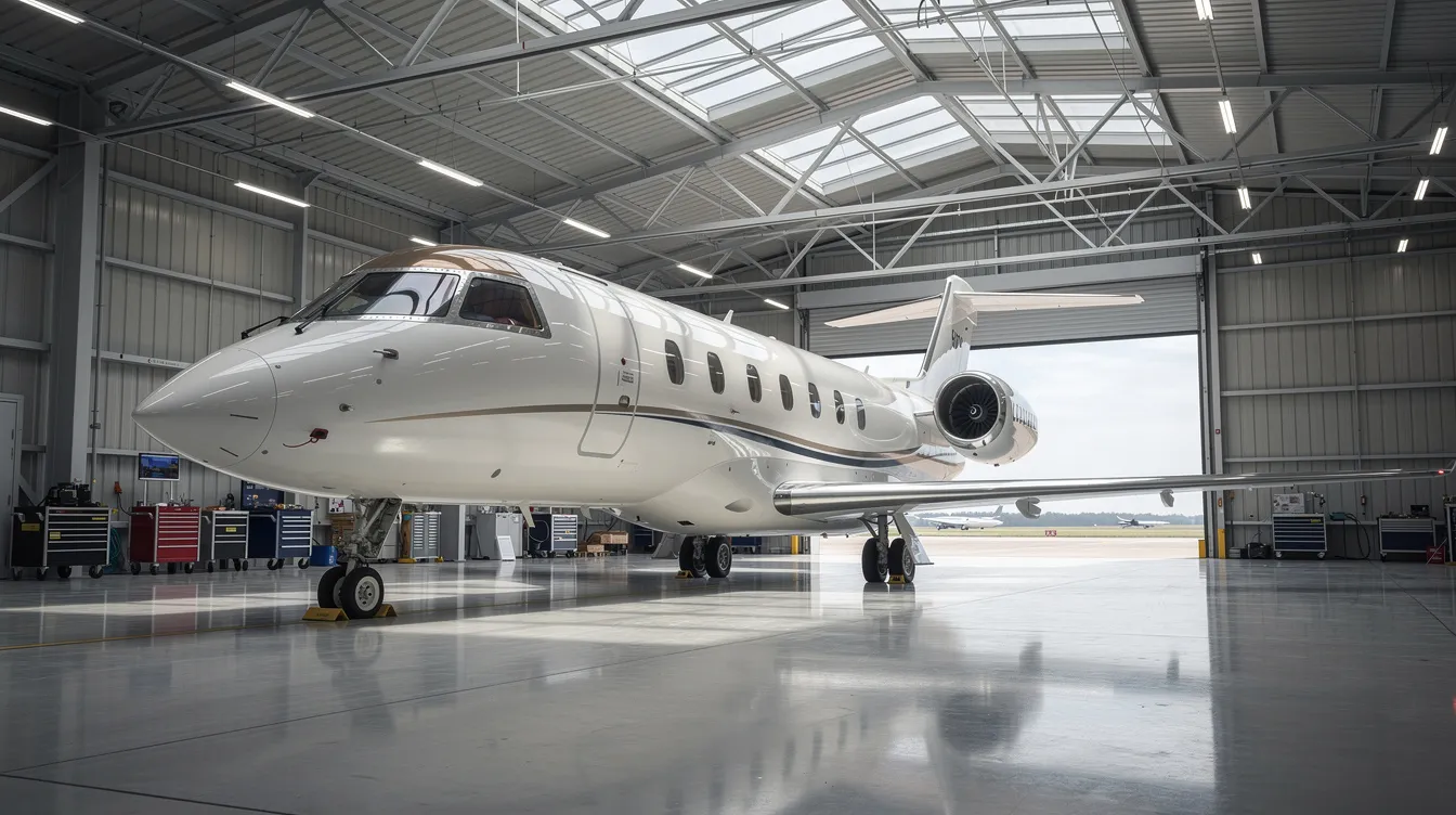 A modern business jet is parked inside a spacious, well-lit aircraft hangar with high ceilings, showcasing the exceptional service and aircraft management offered by Causey Aviation Service in Liberty, NC. The hangar provides ample space for maintenance and support of their diverse fleet.