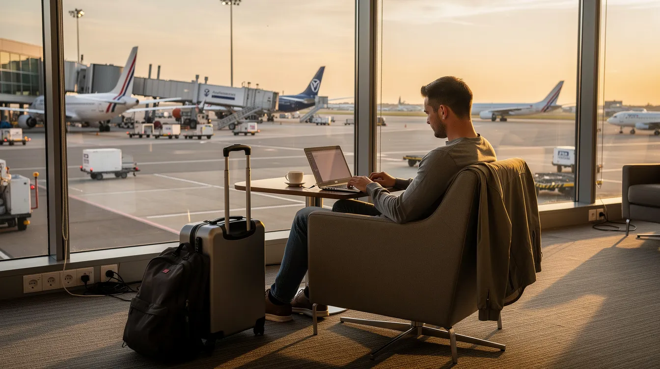 A traveler is seated in an airport lounge, focused on a laptop computer while enjoying a view of aircraft on the tarmac. The scene captures the essence of travel and connectivity, highlighting the exceptional service and diverse fleet offered by Causey Aviation Service.