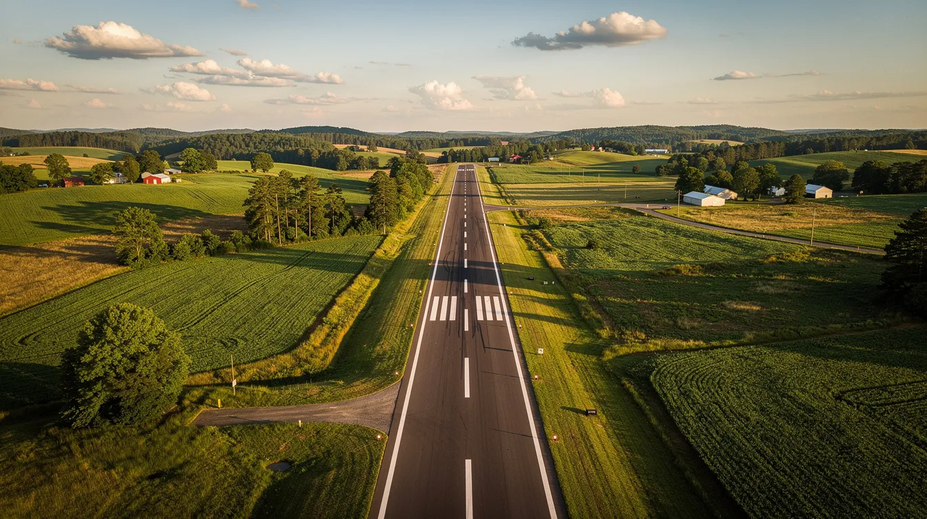 The image shows a small paved runway nestled amidst lush green farmland and trees, typical of rural North Carolina, possibly near Causey Airport. This serene location highlights the commitment to safety and exceptional service offered by Causey Aviation Service, Inc.
