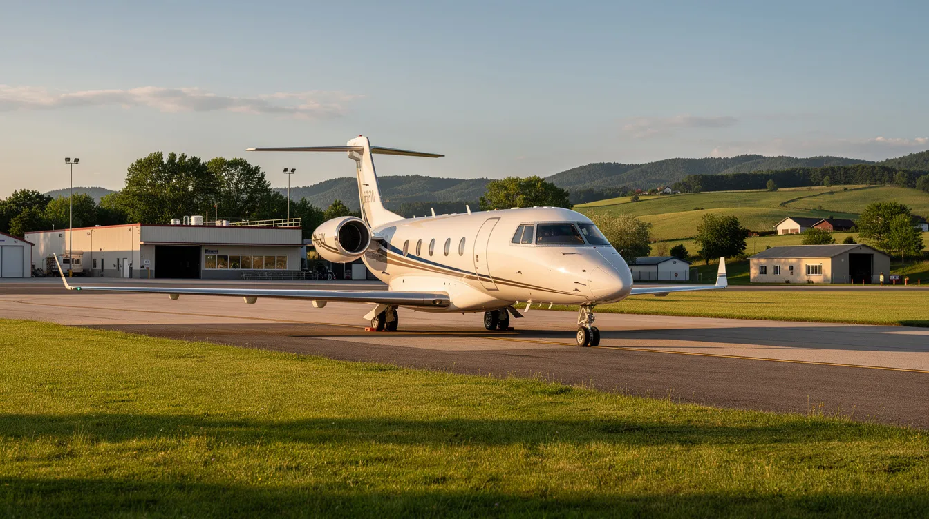 A small private jet is parked at a tranquil regional airport, surrounded by lush green landscapes, highlighting the serene environment typical of general aviation. The image reflects the essential airport infrastructure and the costs associated with private aircraft operations, including landing fees and ramp fees.