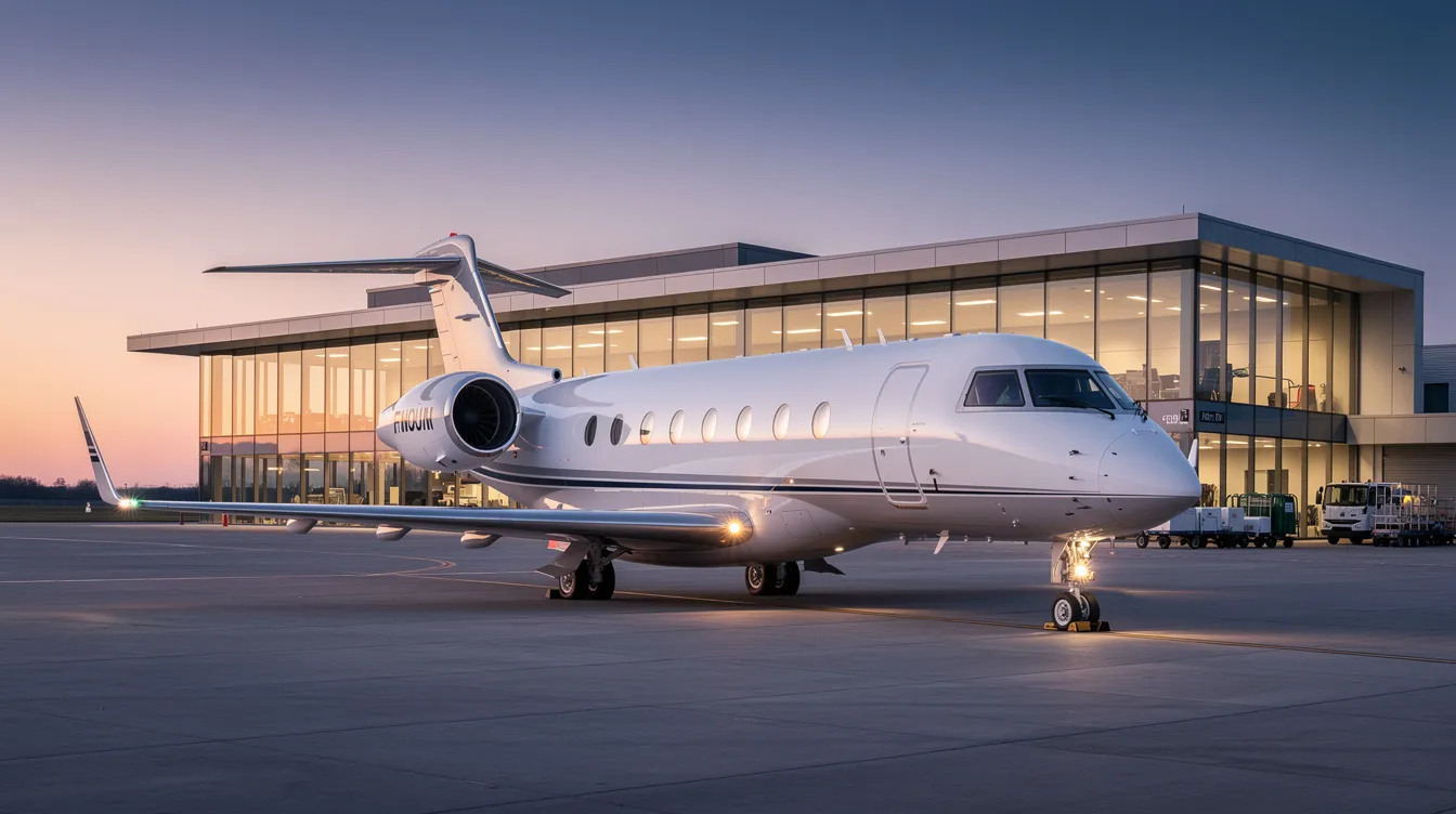 A sleek private jet is parked on a tarmac next to a modern glass and steel FBO terminal building, illuminated by the soft light of dusk. This scene captures the essence of business aviation, showcasing the aircraft management services and in-class facilities that ensure safety and service excellence for clients in the industry.