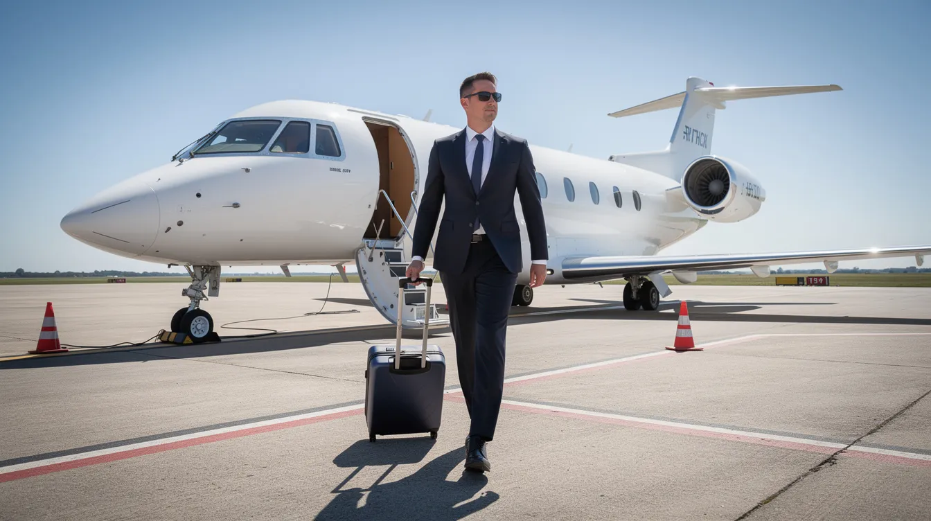 A business traveler in a tailored suit confidently walks toward a sleek white private jet parked on a sunny airport ramp, symbolizing the luxury and efficiency of skyservice business aviation. The scene captures the essence of professionalism and the commitment to service excellence in the business aviation industry.