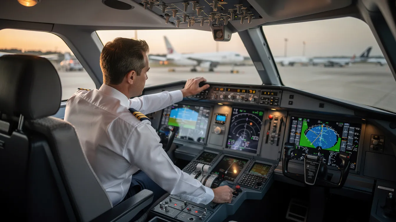 A pilot in uniform is conducting a pre-flight check inside the cockpit of a modern business jet, ensuring all systems are operational for safe flight. This scene highlights the commitment to safety and service excellence in the business aviation industry.