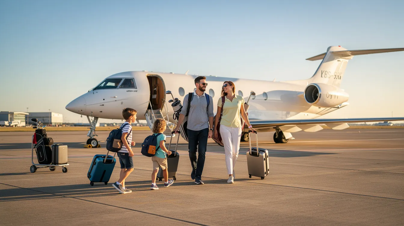 A family is seen walking towards a midsize private jet on a sunny tarmac, carrying luggage and golf bags, ready for their private flight. This scene captures the essence of private jet travel, highlighting the convenience and luxury of chartering a private jet for family vacations or business trips.