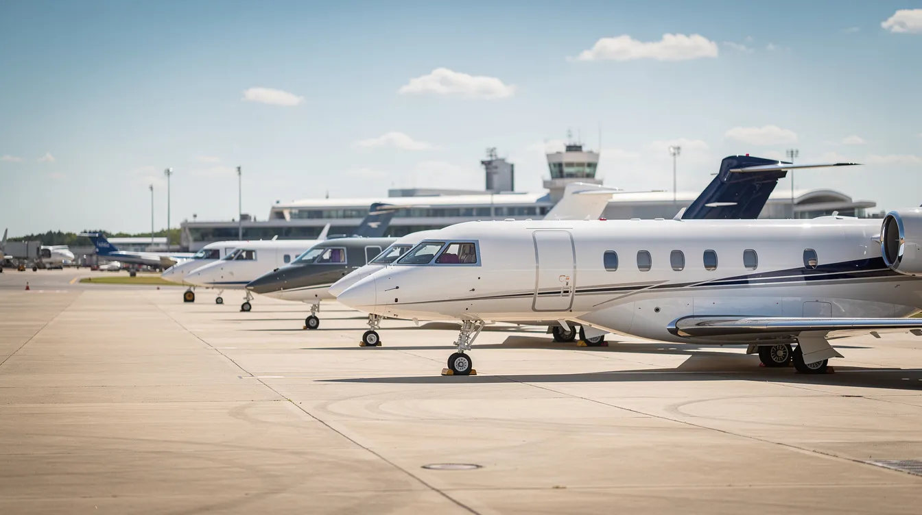 The image depicts several private jets of varying sizes parked on a sunny tarmac at an airport, showcasing the diversity of private aviation options available for charter flights. This scene highlights the appeal of private jet travel for both business and leisure trips, emphasizing the luxurious experience of flying privately.