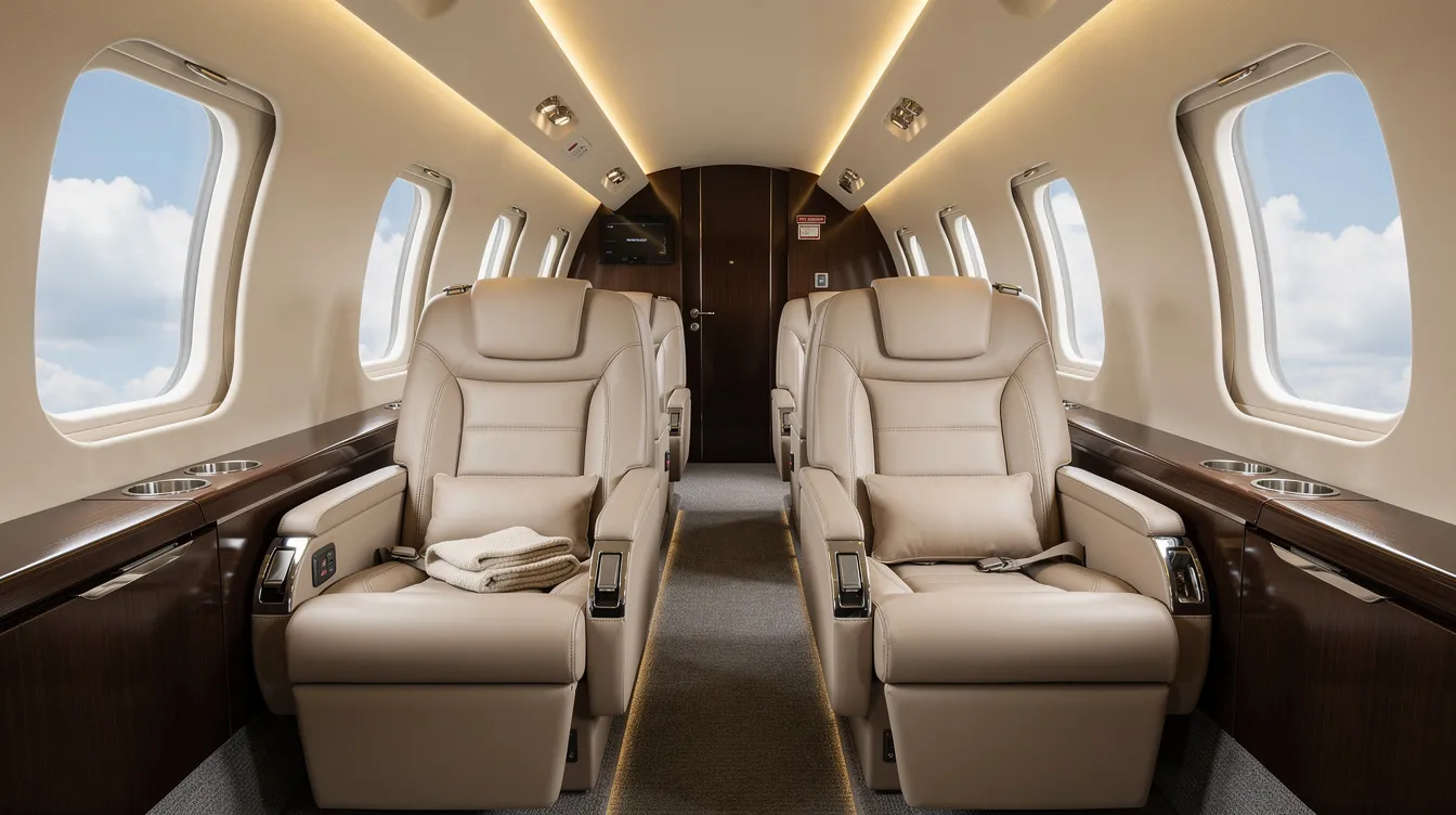 The image showcases the interior of a midsize private jet cabin, featuring plush leather seats and large windows that allow for ample natural light. This spacious cabin is designed for maximum comfort and is ideal for both business and leisure travel, emphasizing the luxury and efficiency of private aviation.
