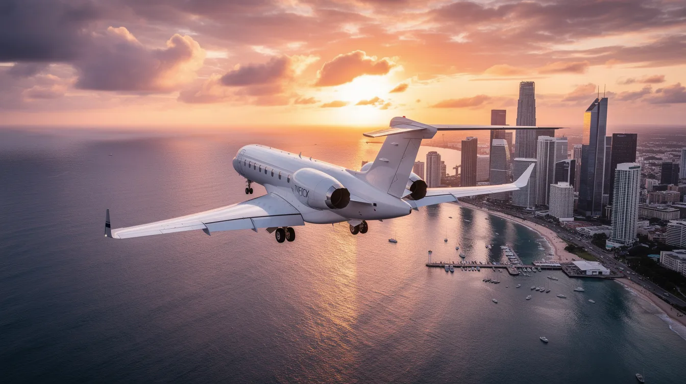 A sleek private jet ascends gracefully over a coastal city skyline, bathed in the warm hues of a sunset, showcasing the elegance of private aviation. The scene captures the essence of luxury travel, highlighting the remarkable capabilities of modern private jets designed for both business and leisure.