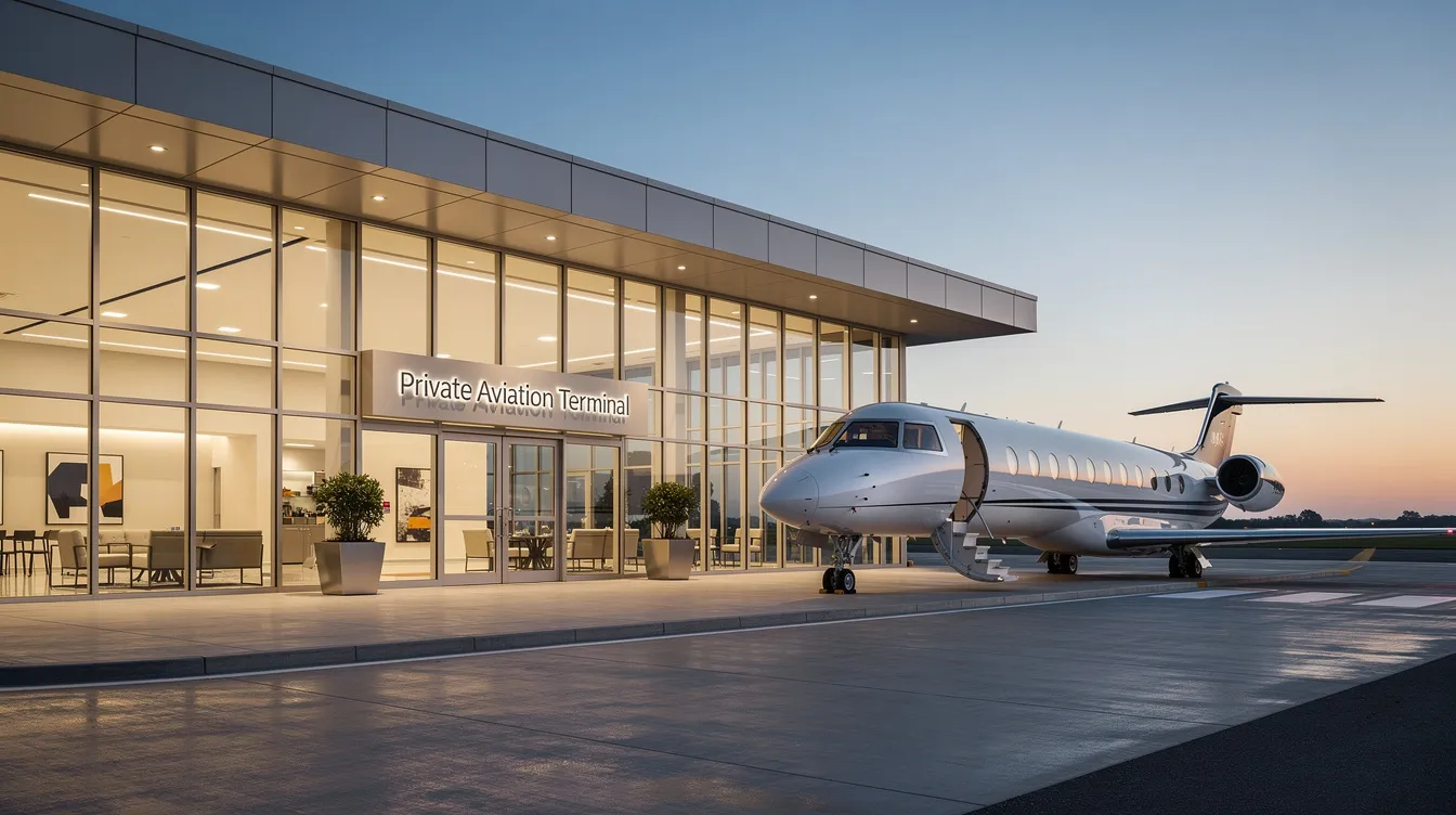 The image shows the exterior of a private aviation terminal, featuring large glass windows through which a sleek business jet is visible. This setting highlights the luxury of private jet travel and the convenience of private jet charter services.