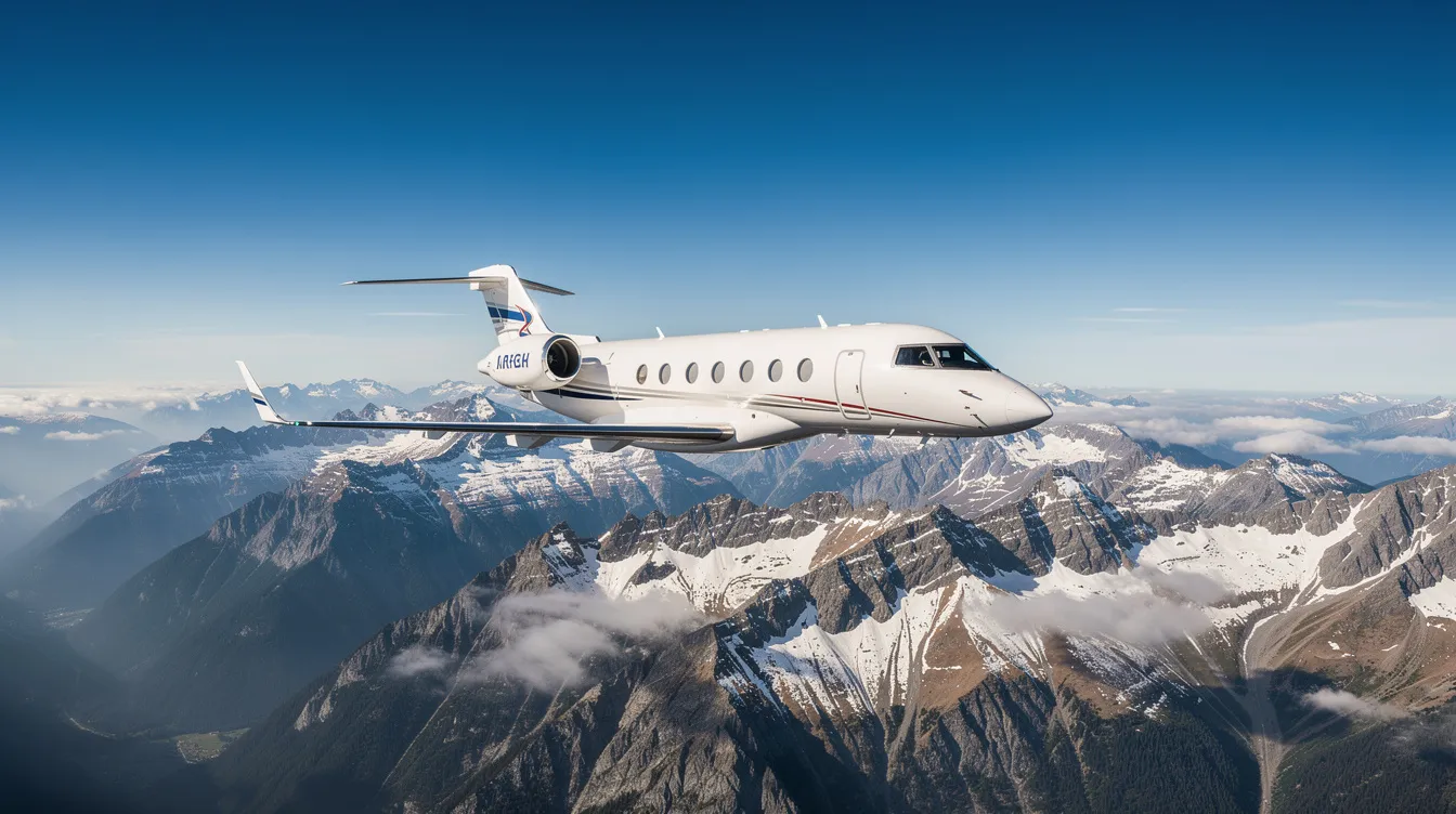A small private jet soars above majestic mountain peaks, set against a backdrop of clear blue skies, illustrating the luxury of private jet travel. This scene captures the essence of flying private, showcasing the beauty and freedom associated with private aviation.