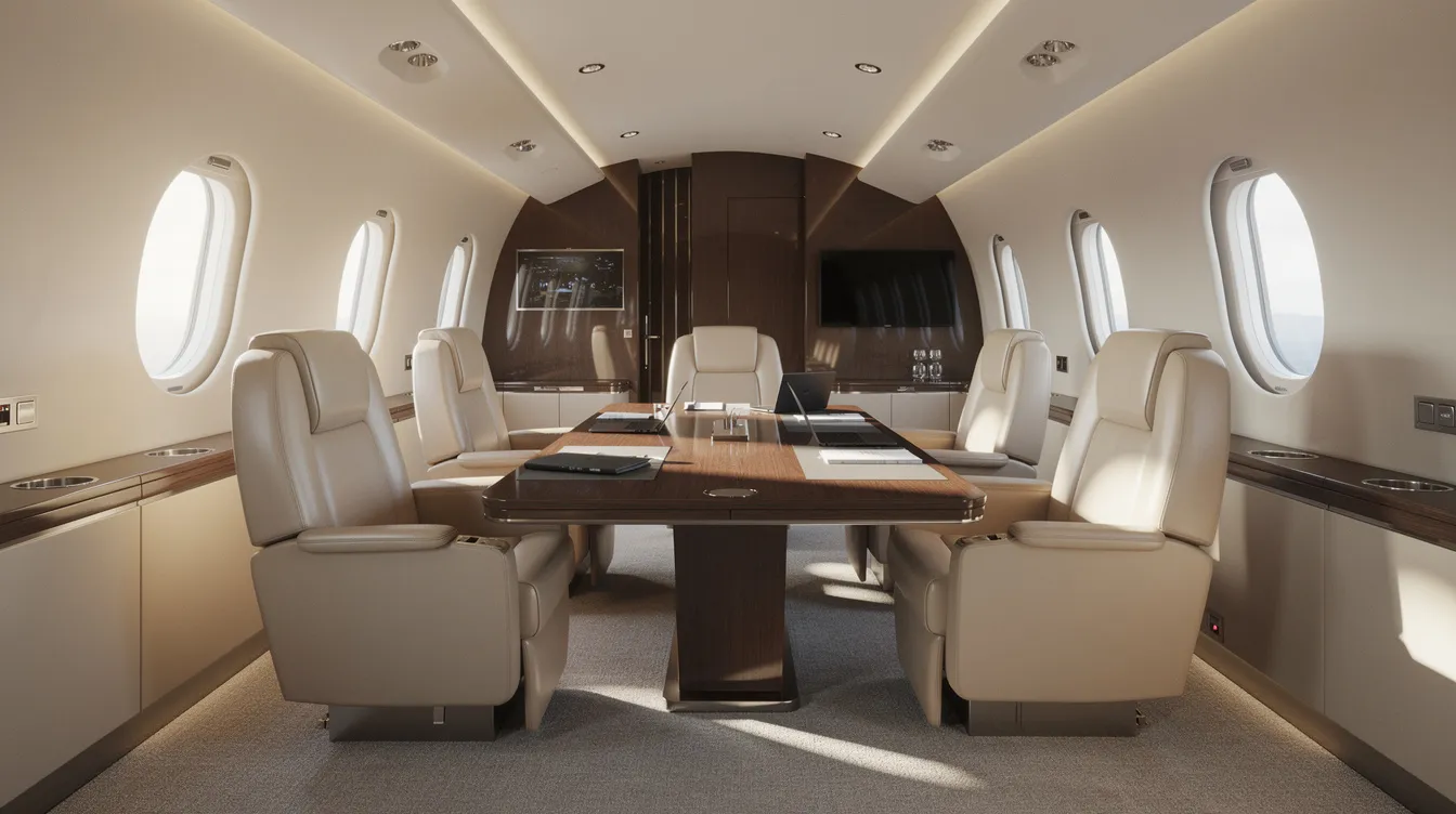 The image depicts the interior of a spacious private jet cabin, featuring luxurious leather seats arranged in a conference layout, with ample natural light streaming through the windows. This setting exemplifies the comfort and elegance of private jet travel, ideal for business meetings or leisure gatherings.