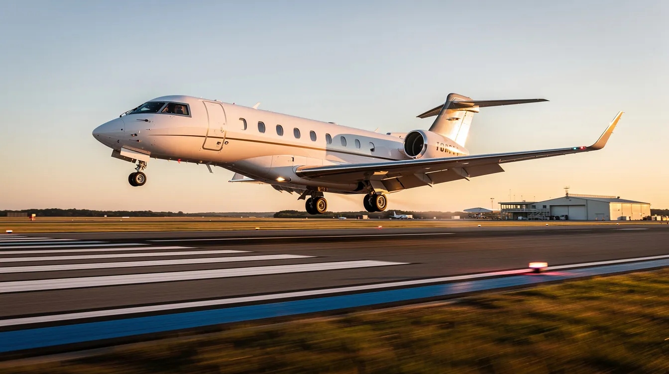 A sleek light jet is taking off from a small regional airport runway, showcasing the elegance of private aviation. This aircraft represents the growing demand for light jets, offering exceptional range capabilities and high performance for business and leisure travel.