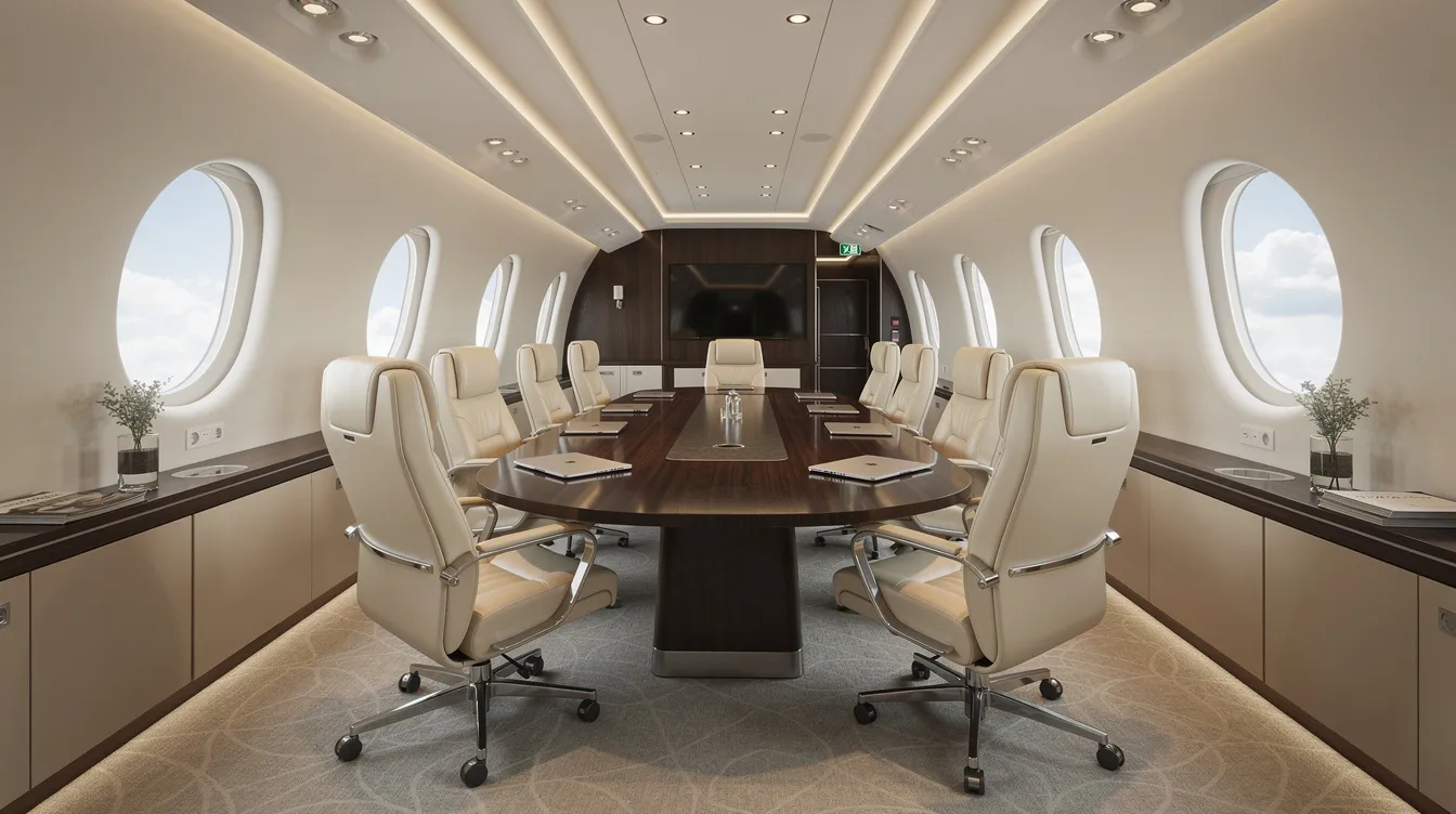 The image depicts the interior of a spacious private jet cabin featuring luxurious leather conference seating and large windows that offer stunning views. This elegant space is designed for business aviation, providing unparalleled comfort and amenities for long haul flights.