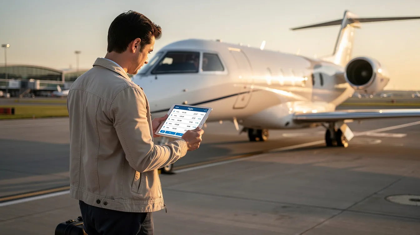 A person stands next to a private jet at an airport, reviewing flight options on a tablet, which highlights various private aircraft choices including light jets and ultra long range jets. The scene captures the essence of private aviation, emphasizing the luxurious amenities and exceptional range capabilities of the available jets.