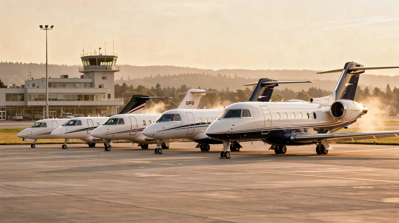A lineup of various private jets, including light jets and ultra long range jets, is parked on the tarmac of a regional airport, showcasing the offerings of leading private jet companies. This scene highlights the luxury and convenience of private aviation, ideal for business travel and international travel.
