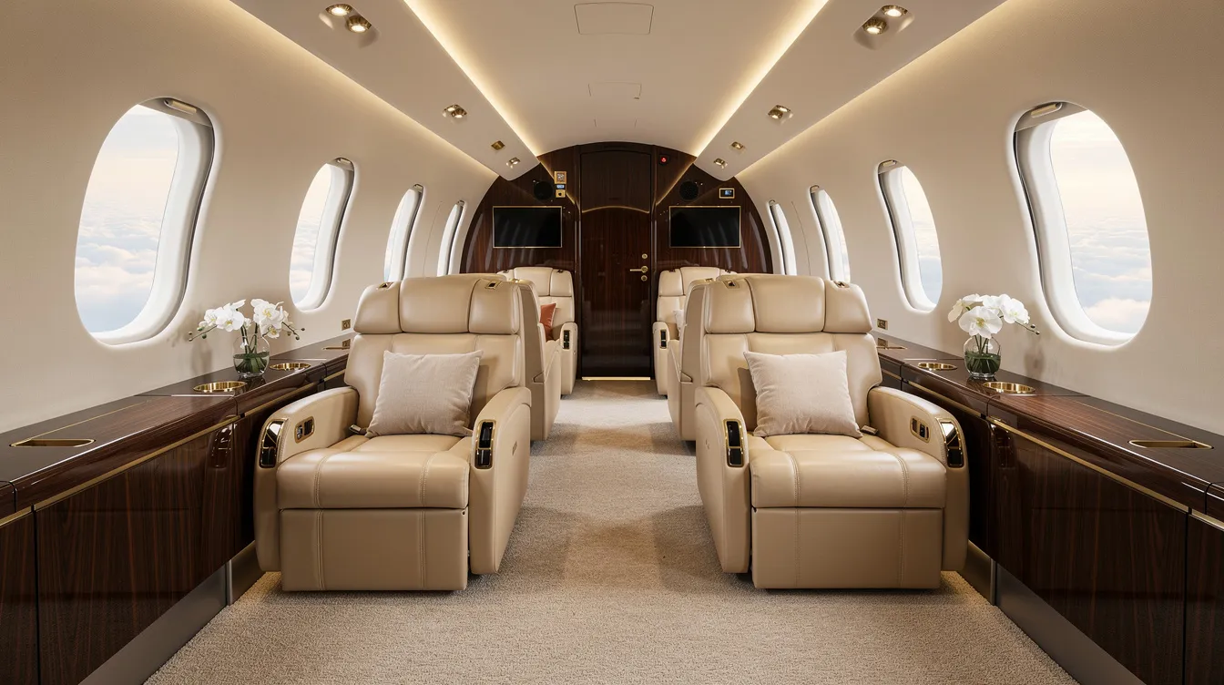 The image depicts the spacious interior of a large cabin private jet, featuring luxurious leather seats and soft ambient lighting, designed for ultimate comfort during private jet travel. This elegant environment reflects the high standards of private aviation, ideal for business travel or leisure.