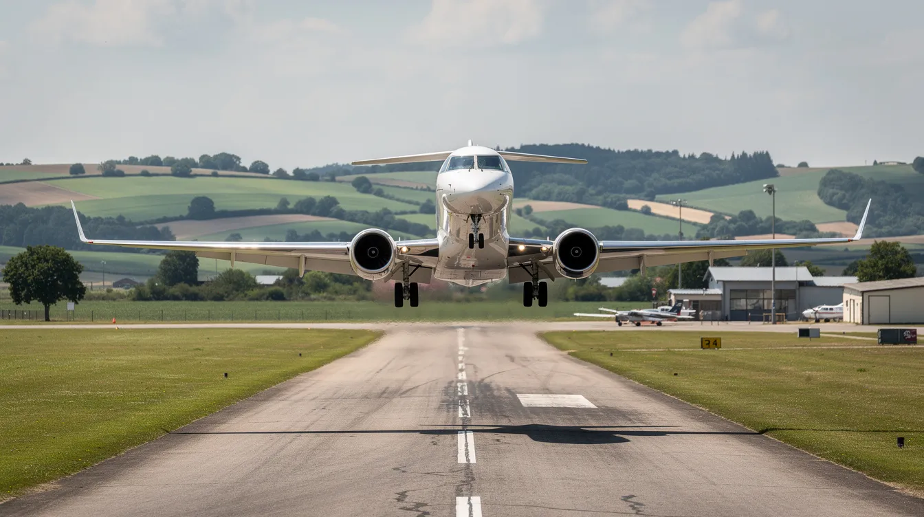 A light jet is taking off from a small regional airport, soaring above the lush green countryside. This scene captures the essence of private aviation, showcasing the convenience and luxury of private jet travel, often preferred by those using private jet charter services for business or leisure.