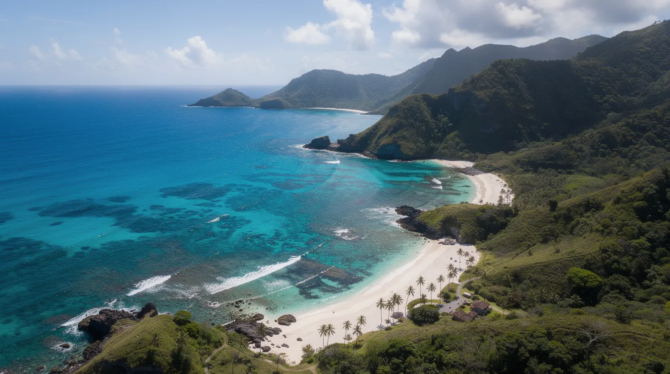 An aerial view showcases a stunning tropical coastline with vibrant turquoise waters lapping against sandy shores, framed by lush green mountains. This picturesque scene invites travelers to consider their next adventure with Delta Air Lines, connecting them to beautiful destinations across Latin America and beyond.
