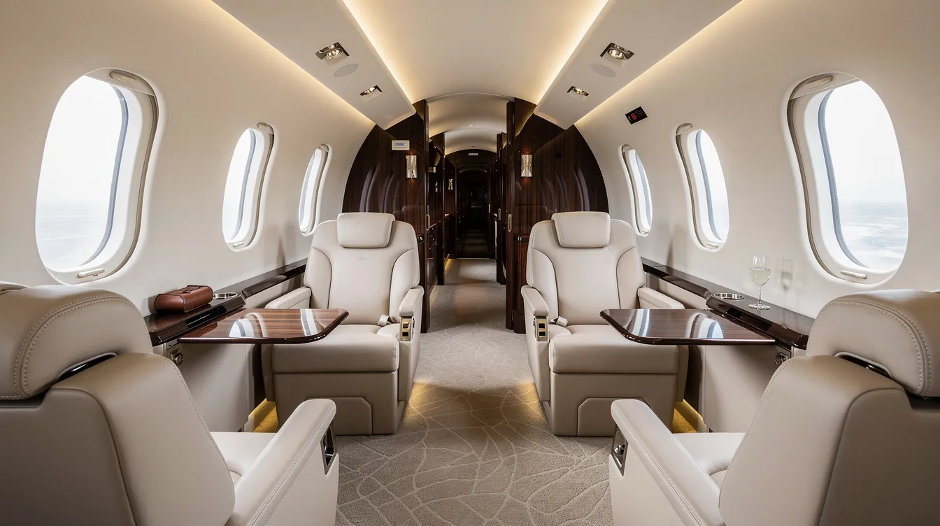 The image depicts the interior of a spacious private jet cabin featuring cream leather seats arranged in a club configuration, offering a luxurious setting for passengers. This elegant design is ideal for those flying in business class or premium select on their next adventure with Delta Air Lines.