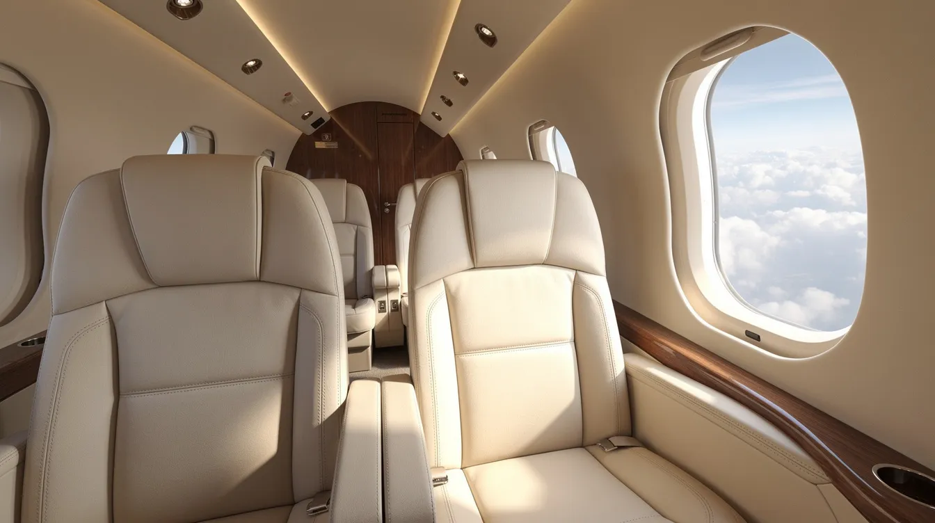 The image depicts the interior of a small private jet, featuring cream leather seats and a serene window view filled with fluffy clouds. This luxurious setting emphasizes the comfort and exclusivity of private jet travel, ideal for travelers seeking a unique flying experience away from crowded terminals.