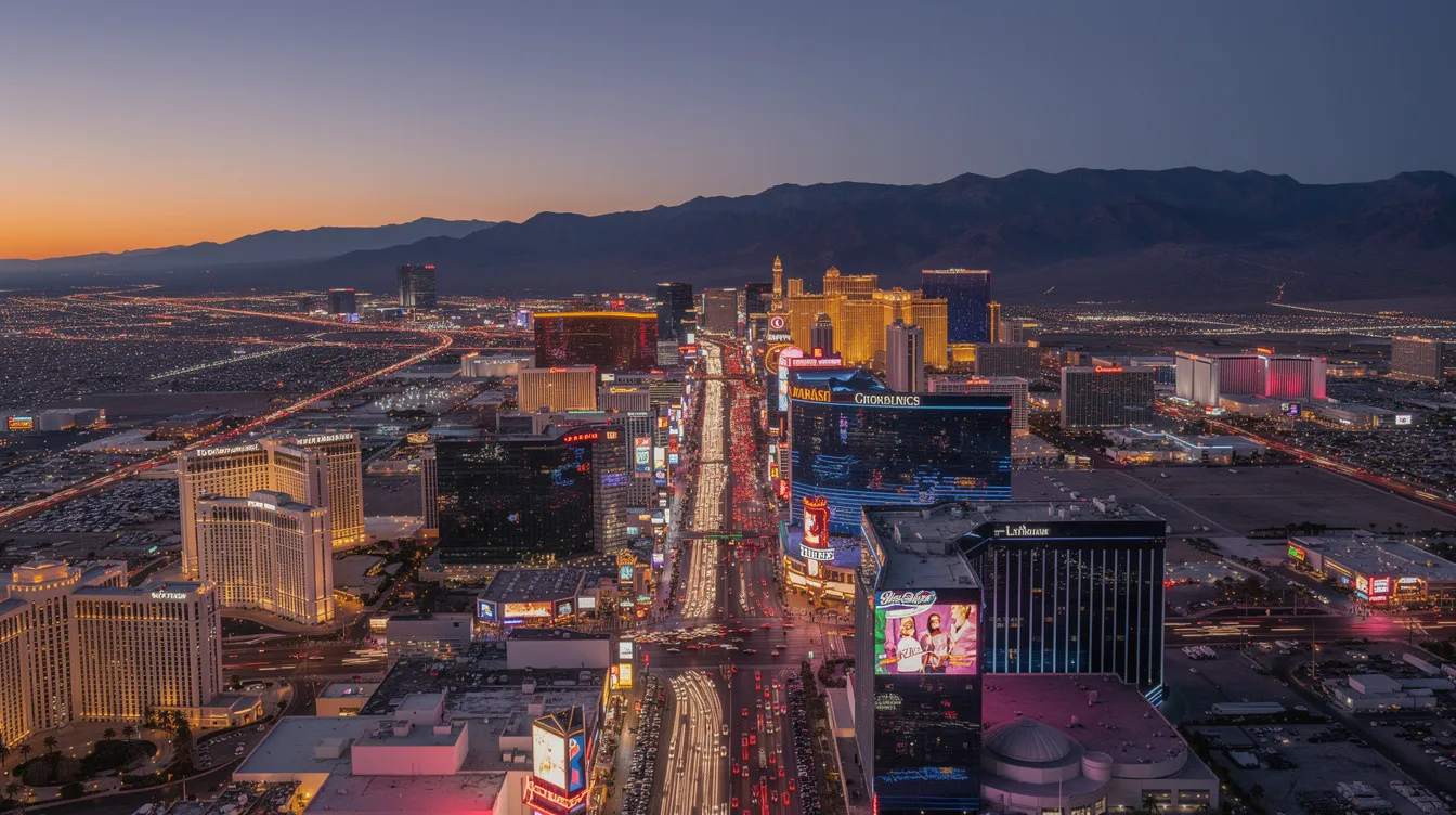 An aerial view of the Las Vegas Strip at dusk showcases the vibrant city lights against the backdrop of desert mountains, highlighting the entertainment capital's allure. The scene captures the essence of private jet travel, with potential empty leg flights offering exclusive access to this iconic destination.