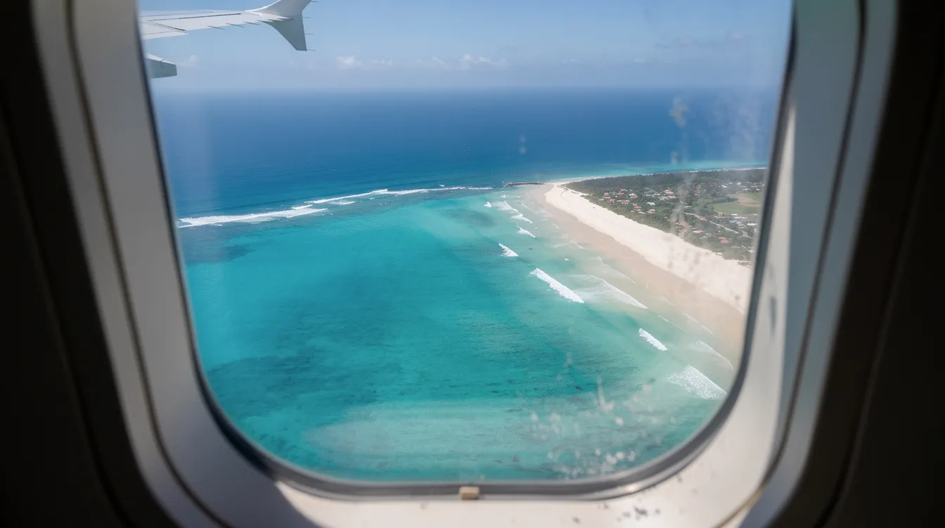 An aerial view from an airplane window reveals a stunning turquoise coastline bordered by a pristine white sandy beach, perfect for those considering private jet travel to beautiful destinations. This scene captures the essence of luxury and relaxation, ideal for travelers looking to book an empty leg flight for their next trip.