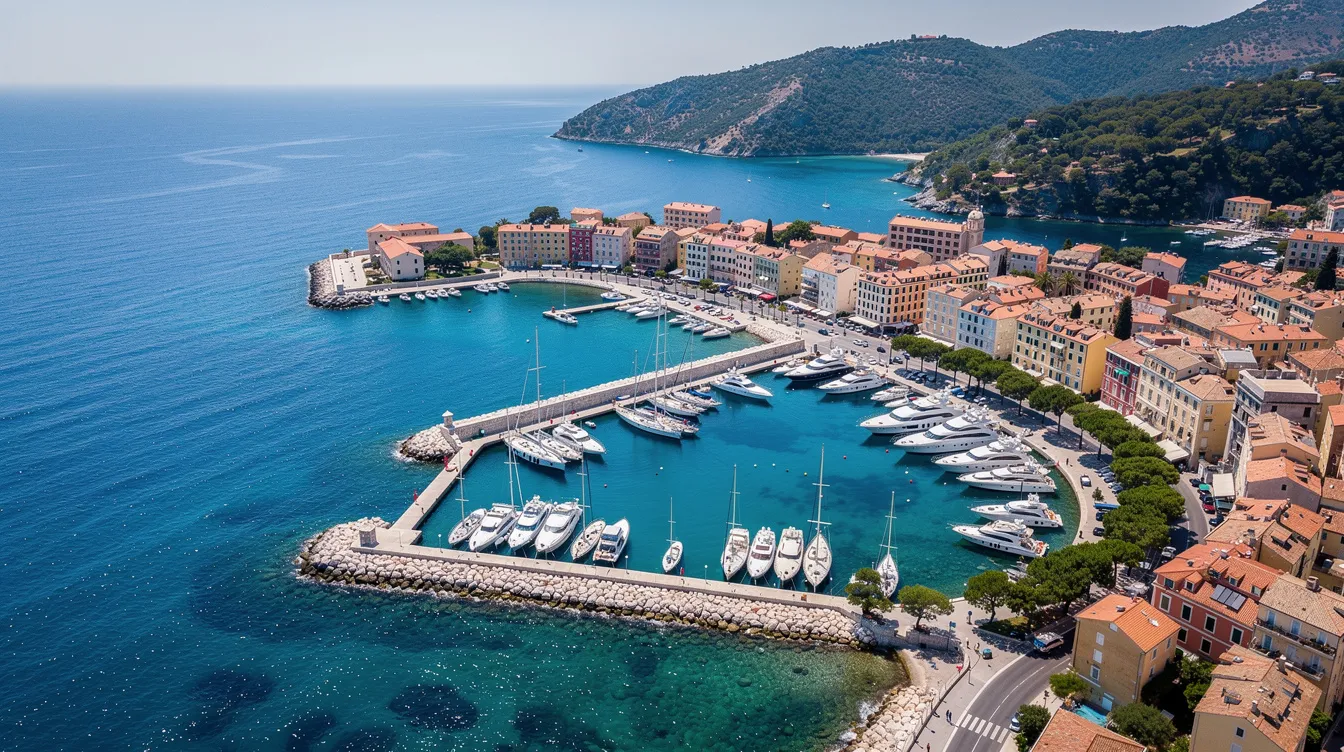 An aerial view of a stunning Mediterranean coastline showcases a bustling harbor filled with luxurious yachts on a clear summer day. This picturesque scene highlights the allure of private jet travel, making it an ideal destination for those seeking available empty leg flights and a private terminal experience.