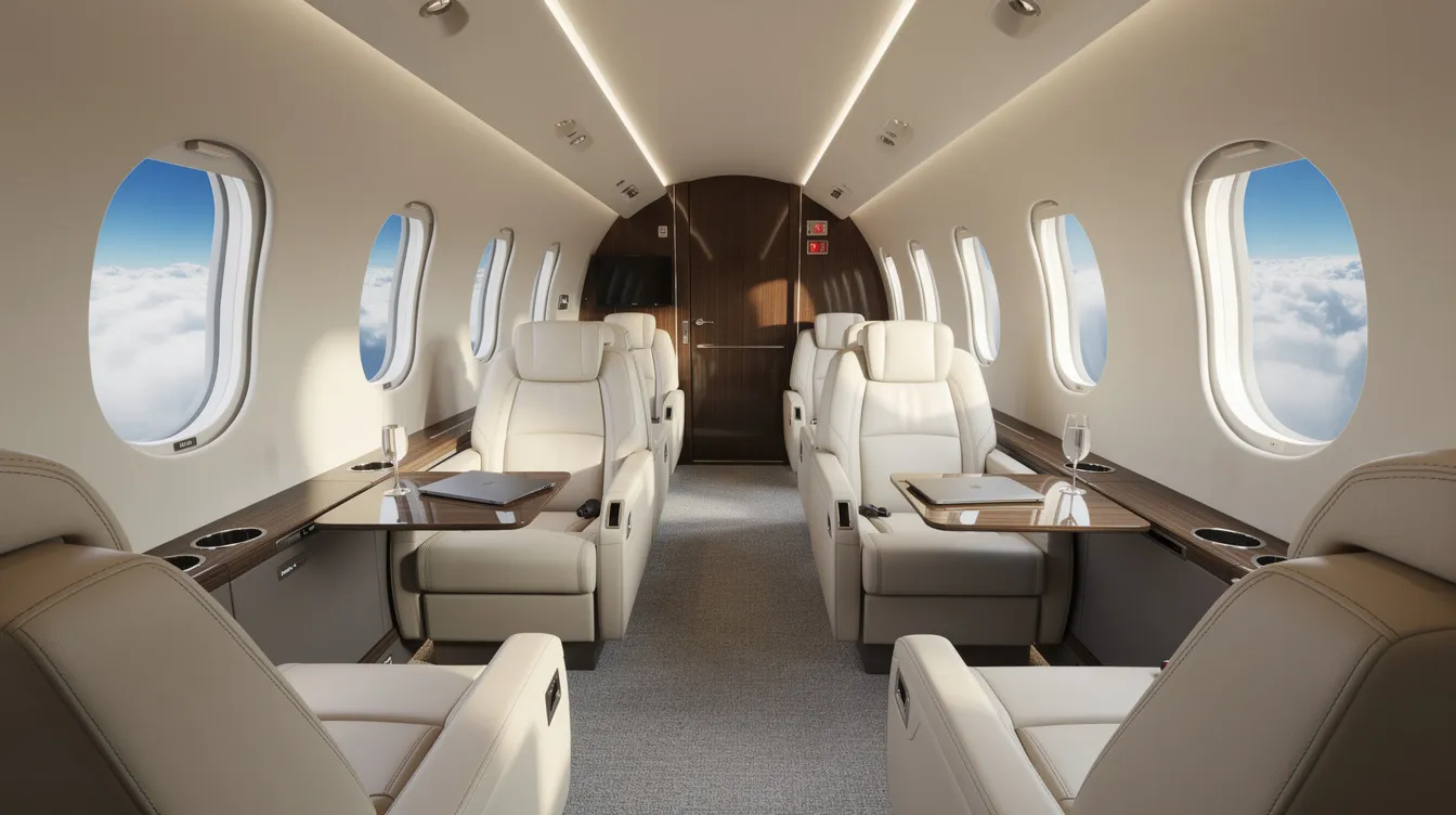 The image depicts the luxurious interior of a modern private jet cabin, featuring plush leather seats and expansive windows that reveal a stunning view of fluffy clouds outside. This elegant space exemplifies private aviation, perfect for travelers seeking comfort and style during their empty leg flights.