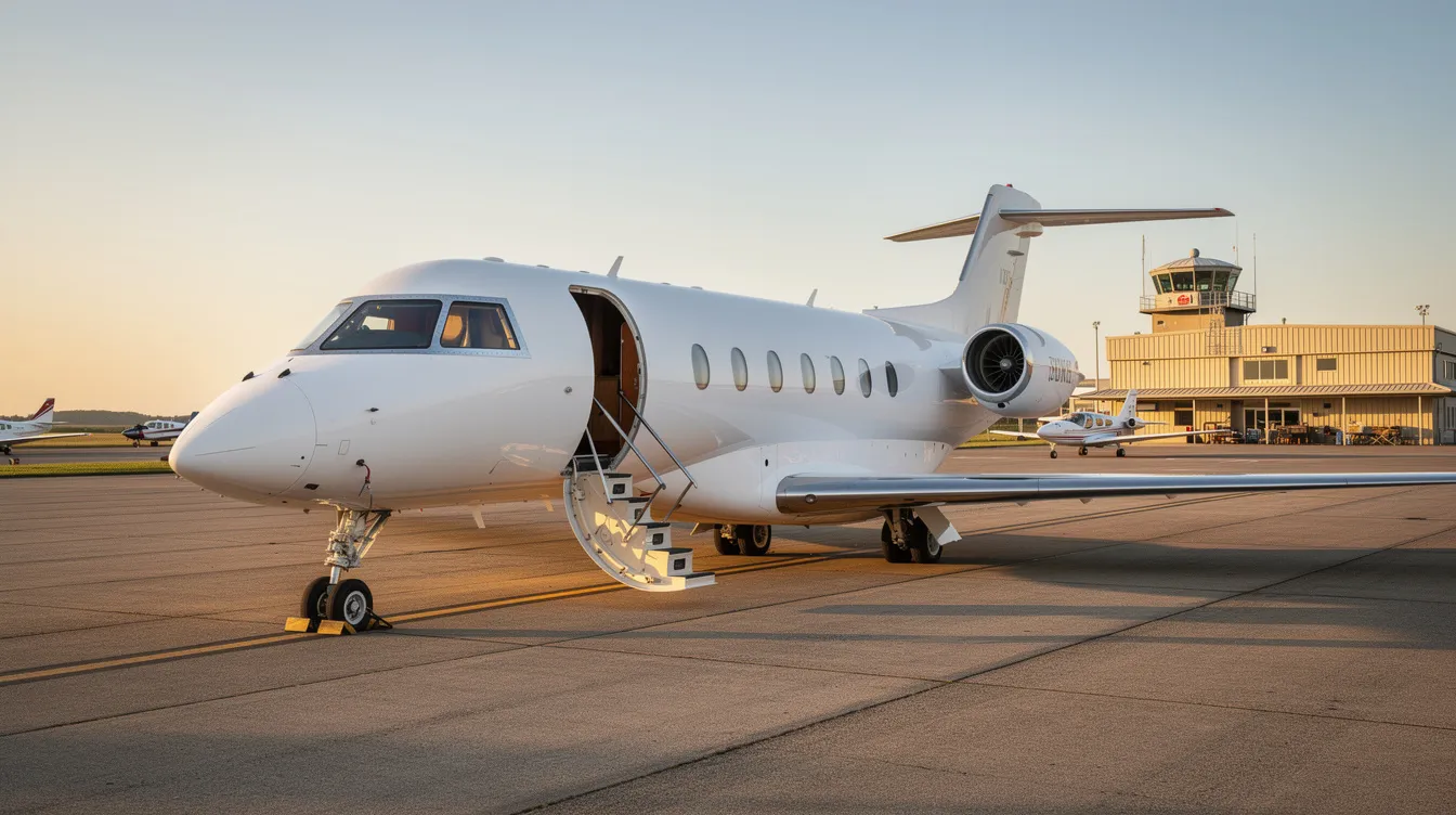 A private jet with its cabin door open and stairs extended sits on the tarmac of a small regional airport, ready for boarding. This scene highlights the luxury of air travel, providing travelers with convenient access to destinations and the best value in aviation.