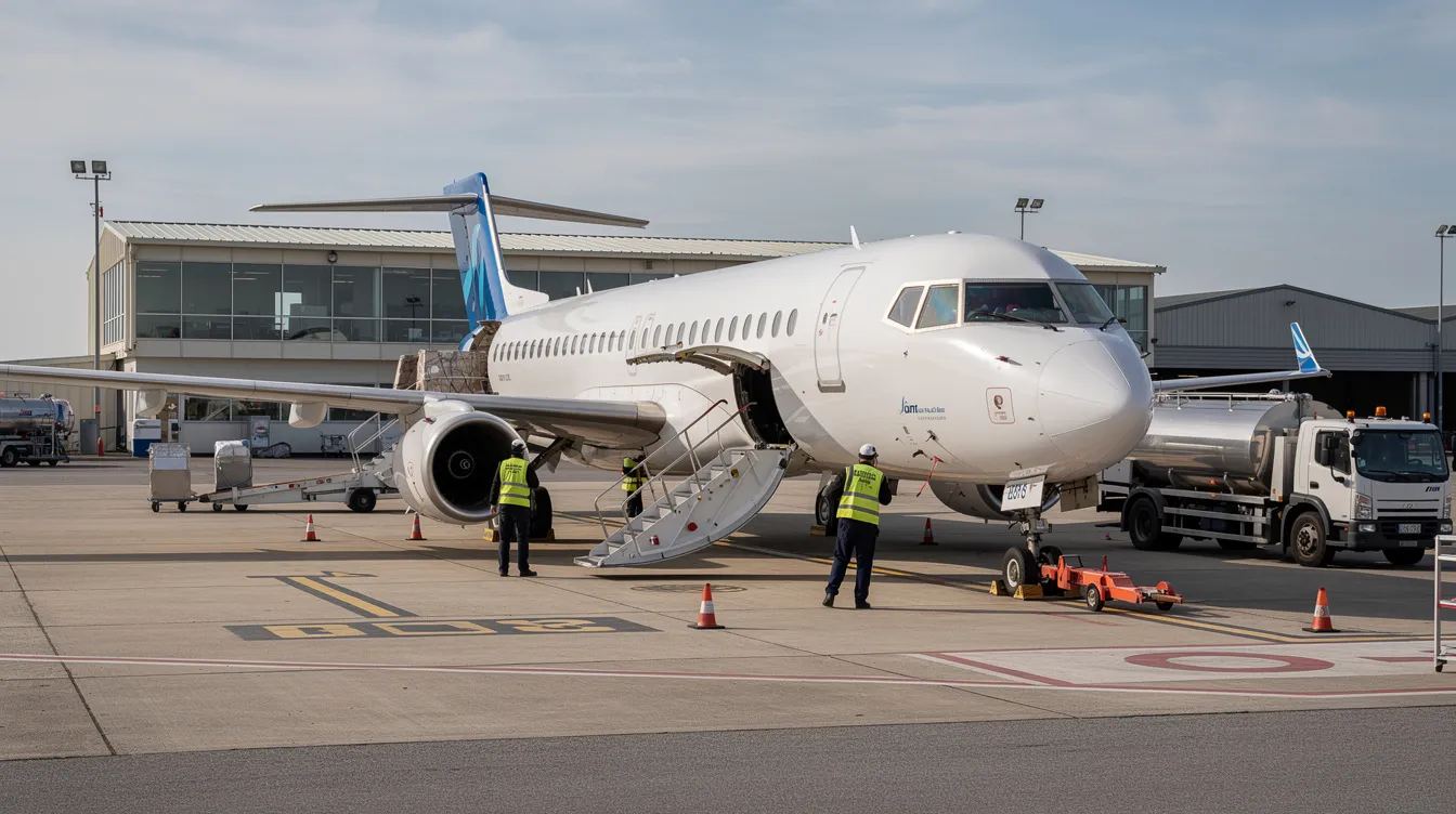 A narrow-body commercial jet from a member airline of the value alliance is parked at a smaller regional airport, where ground crew are efficiently preparing for a quick turnaround to ensure affordable air travel for passengers. The scene captures the essence of connecting communities and facilitating leisure travel through budget-friendly flight options.
