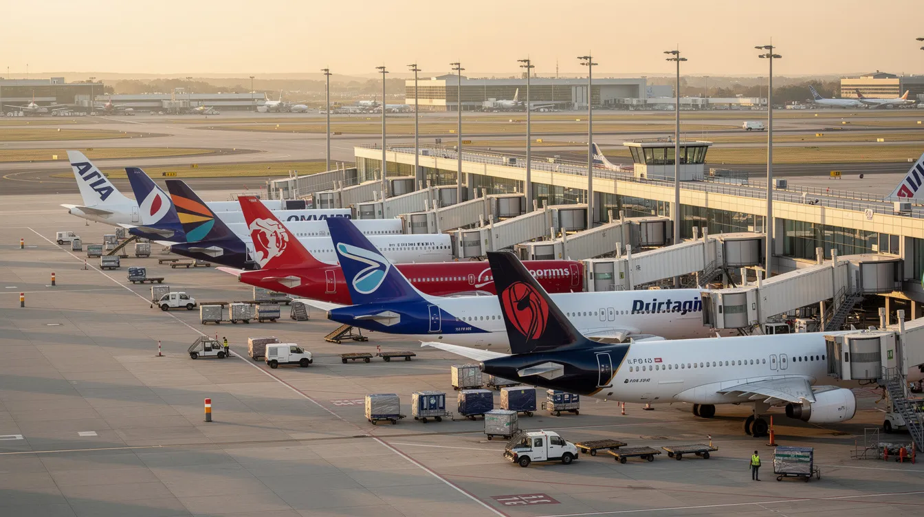 The image shows several aircraft tails from different airlines, including budget carriers, lined up at airport gates, viewed from an elevated angle. This scene highlights the variety of airlines, emphasizing affordable air travel options and the connections they provide for travelers.