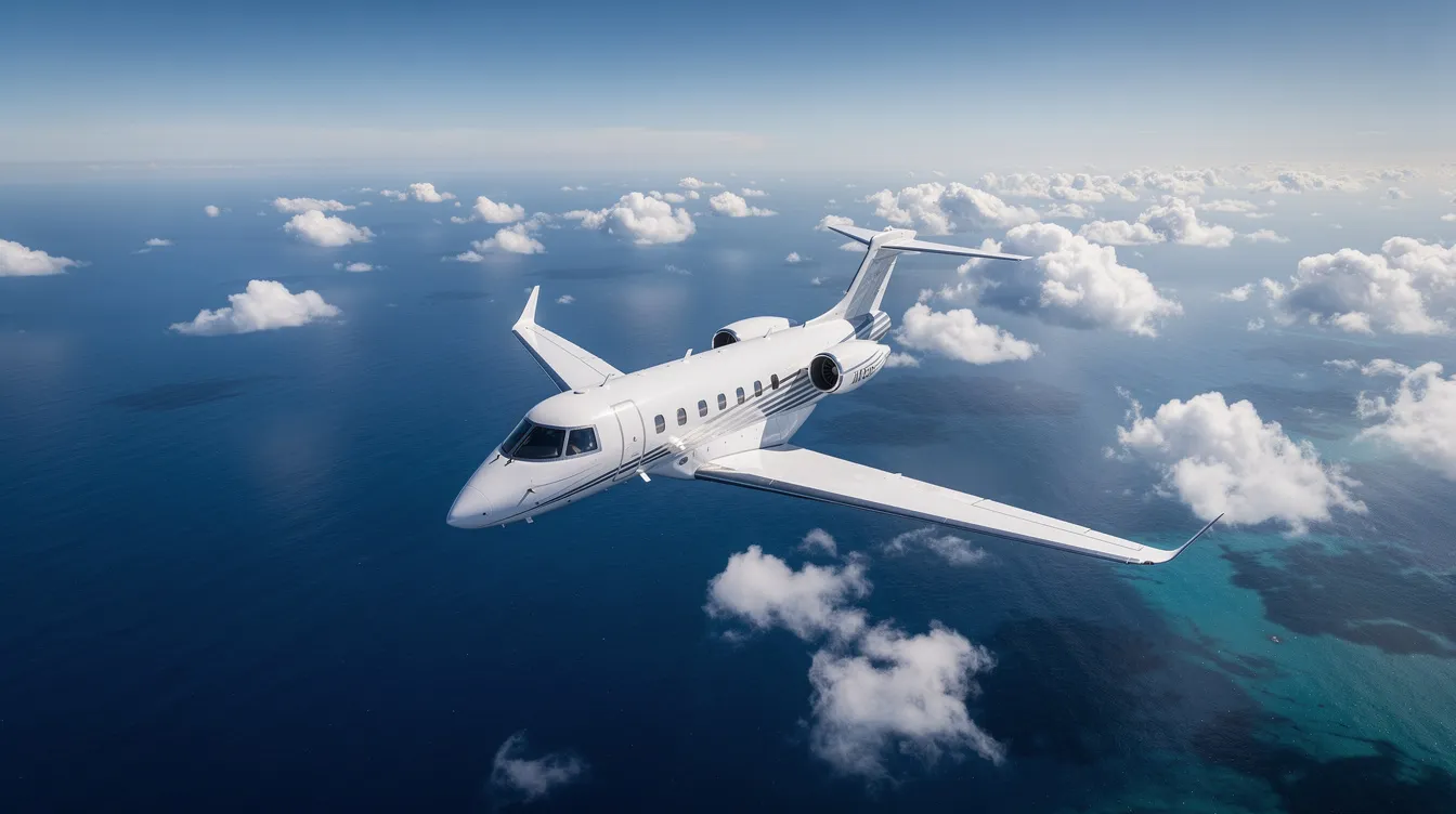 An aerial view captures a private jet soaring over a deep blue ocean, with fluffy white clouds scattered below, showcasing the luxury and freedom of private jet travel. This scene highlights the beauty of international private flights, offering a glimpse into the world of personalized service and convenience in aviation.