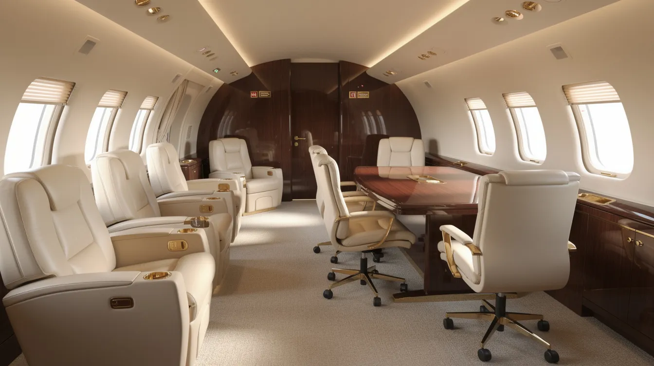 The image depicts the interior of a spacious private jet cabin, featuring wide leather seats arranged around a sleek conference table, perfect for business discussions or luxury travel. This elegant setting showcases the comfort and style of private jet charter services, ideal for international private flights.