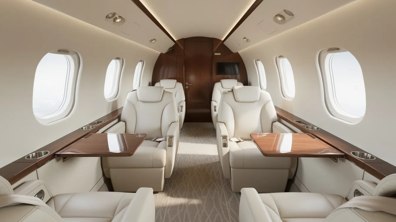 The image depicts the interior of a light jet cabin, featuring elegant cream leather seats complemented by rich wood trim, ideal for business travelers seeking a comfortable private flight experience. This luxurious setting is perfect for those considering private jet charter options to popular destinations like Los Angeles or Las Vegas.