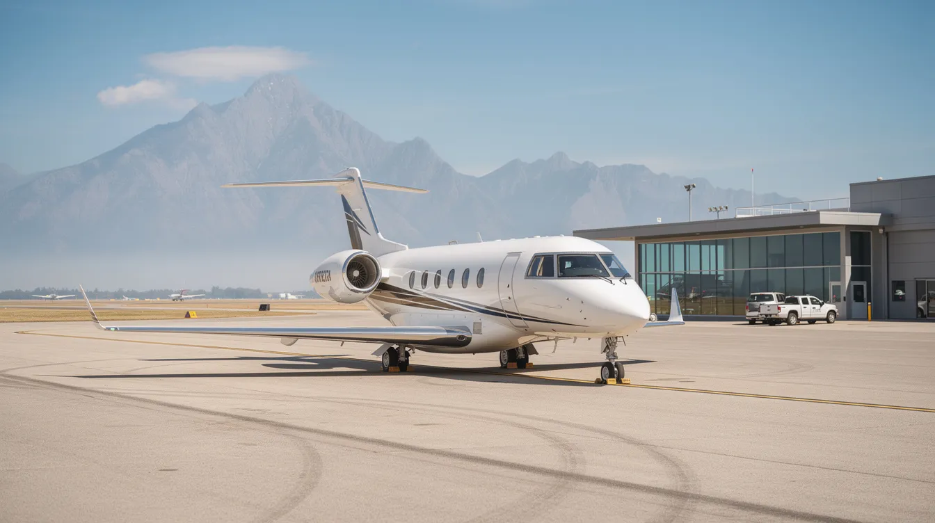 A small private jet is parked on the tarmac at a general aviation terminal, with majestic mountains visible in the background. This scene highlights the convenience of private jet charters for business travelers in the Los Angeles area, offering a serene alternative to crowded airports.