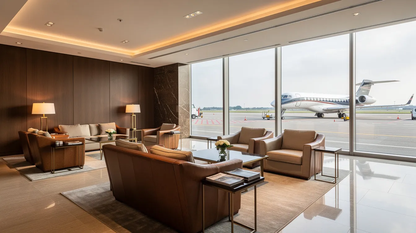The image depicts a private aviation terminal lounge featuring comfortable seating arrangements and large windows that provide a view of the runway, ideal for business travelers awaiting their private jet charter to destinations like Los Angeles or Las Vegas. This inviting space emphasizes the luxury and convenience of utilizing private terminals, ensuring a seamless travel experience without the long security lines commonly found at major airports.
