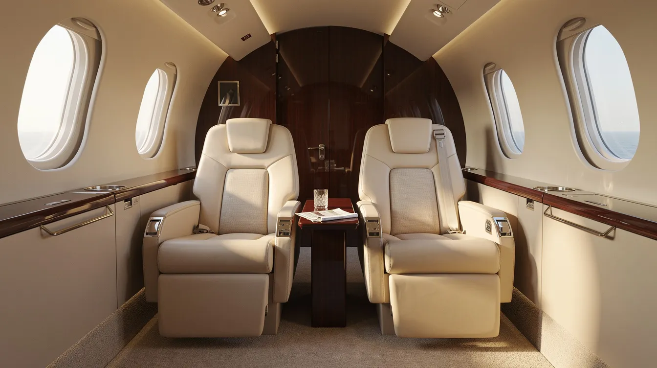 The image shows the spacious interior of a private jet featuring cream leather seats arranged in rows with a small tray table between them, highlighting the extra legroom and comfort available for passengers. The unoccupied seats suggest a serene atmosphere, ideal for travelers seeking a luxurious flying experience.