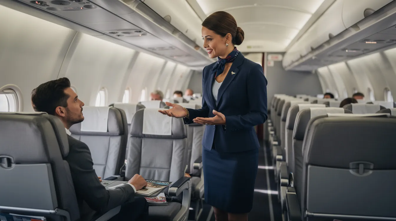 A flight attendant is standing in the aisle of an airplane, engaging with a seated passenger while surrounded by empty seats. The cabin crew member is likely discussing seating options or providing assistance for safety reasons as the flight prepares for takeoff.