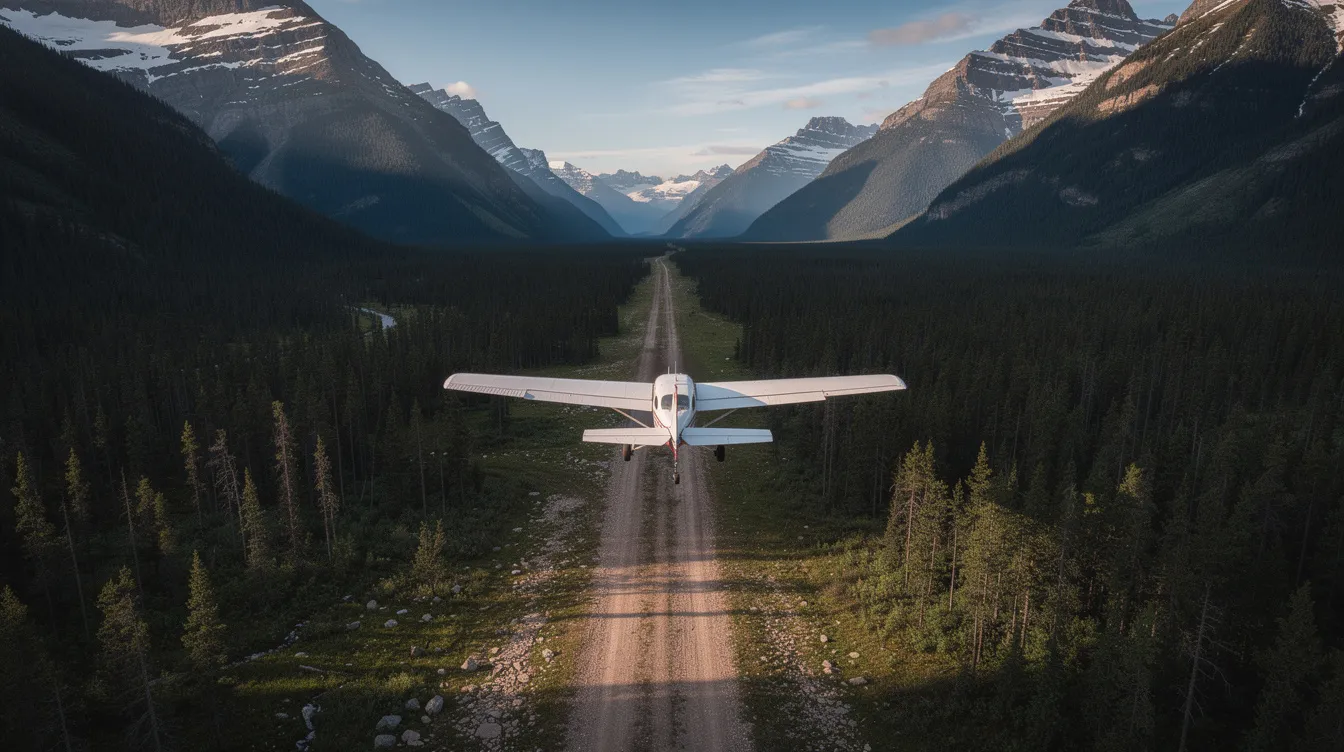 A small light aircraft is approaching a remote mountain airstrip, surrounded by tall pine trees, showcasing its efficient performance and modern avionics. The scene captures the essence of recreational flying, highlighting the beauty of general aviation in a serene natural setting.