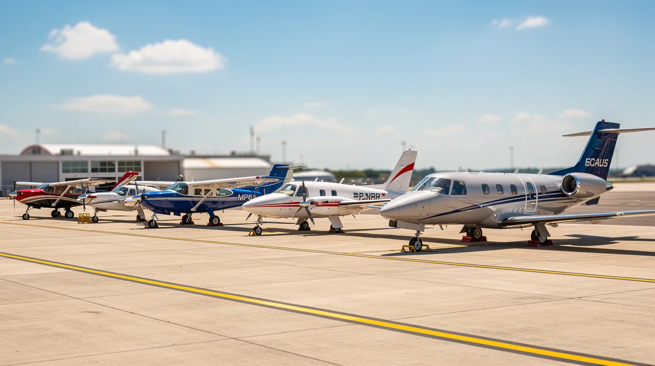 The image shows several small aircraft of different types parked on a sunny airport tarmac, showcasing a variety of light sport aircraft and single-engine planes, ideal for recreational flying and flight training. The scene highlights the efficient performance and modern avionics of these aircraft, emphasizing their role in the general aviation industry.