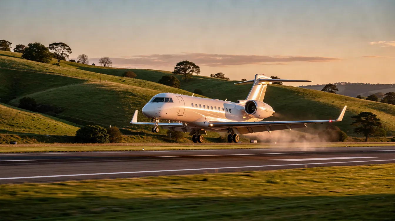 A sleek private jet ascends from a runway, framed by lush green hills as the golden hour casts a warm glow over the scene. This image captures the essence of luxury travel and the excitement of embarking on a next flight, highlighting the beauty of private flights in the world of aviation.