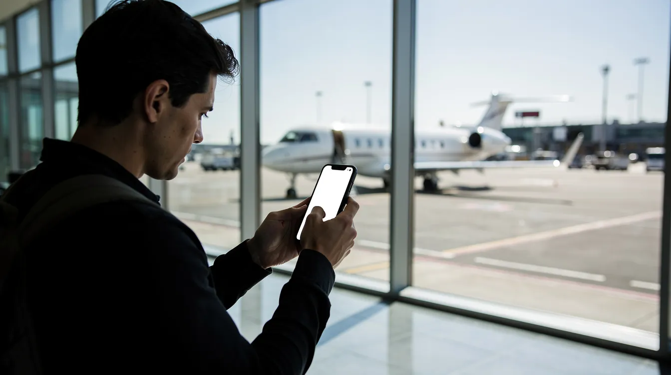 A person stands near an airport window, gazing at their smartphone screen while a private jet is parked on the tarmac outside. The scene captures the essence of private flights and the anticipation of upcoming travel.