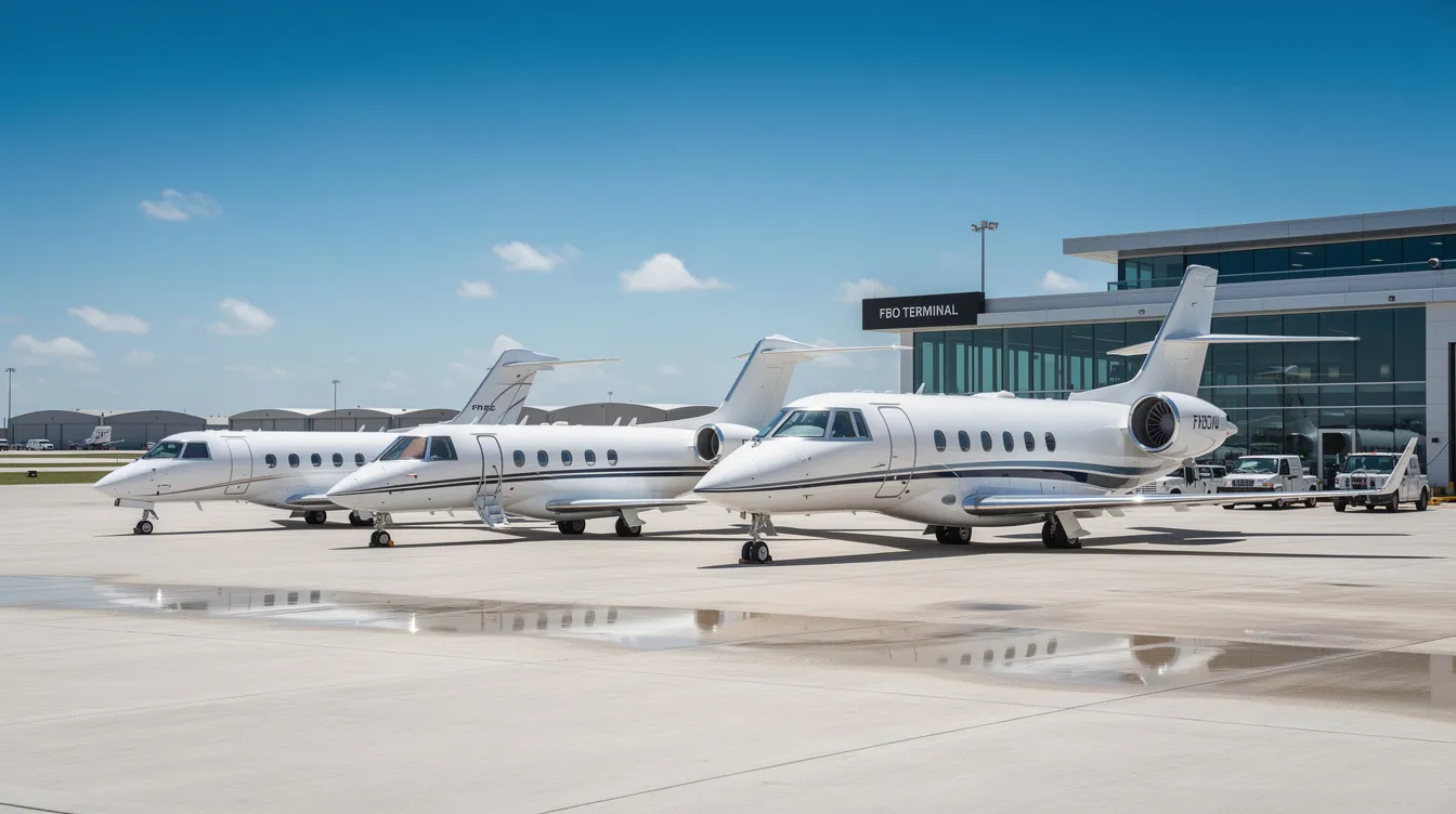 Four private jets of varying sizes are parked in a neat line at a Fixed-Base Operator facility, basking in the sunlight of a clear day, showcasing the luxury and accessibility of private flights. This scene highlights the business aviation industry, emphasizing the quality and flexibility of travel options available for those planning their next flight.
