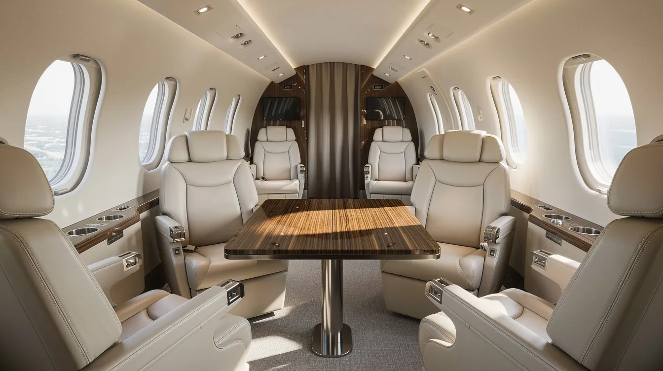 The image depicts the interior of a modern private jet cabin featuring luxurious leather seats, a small table, and ample natural light streaming through oval windows, creating a comfortable and elegant space for private flights. This stylish cabin exemplifies quality and attention to detail, perfect for business travel or charter services.