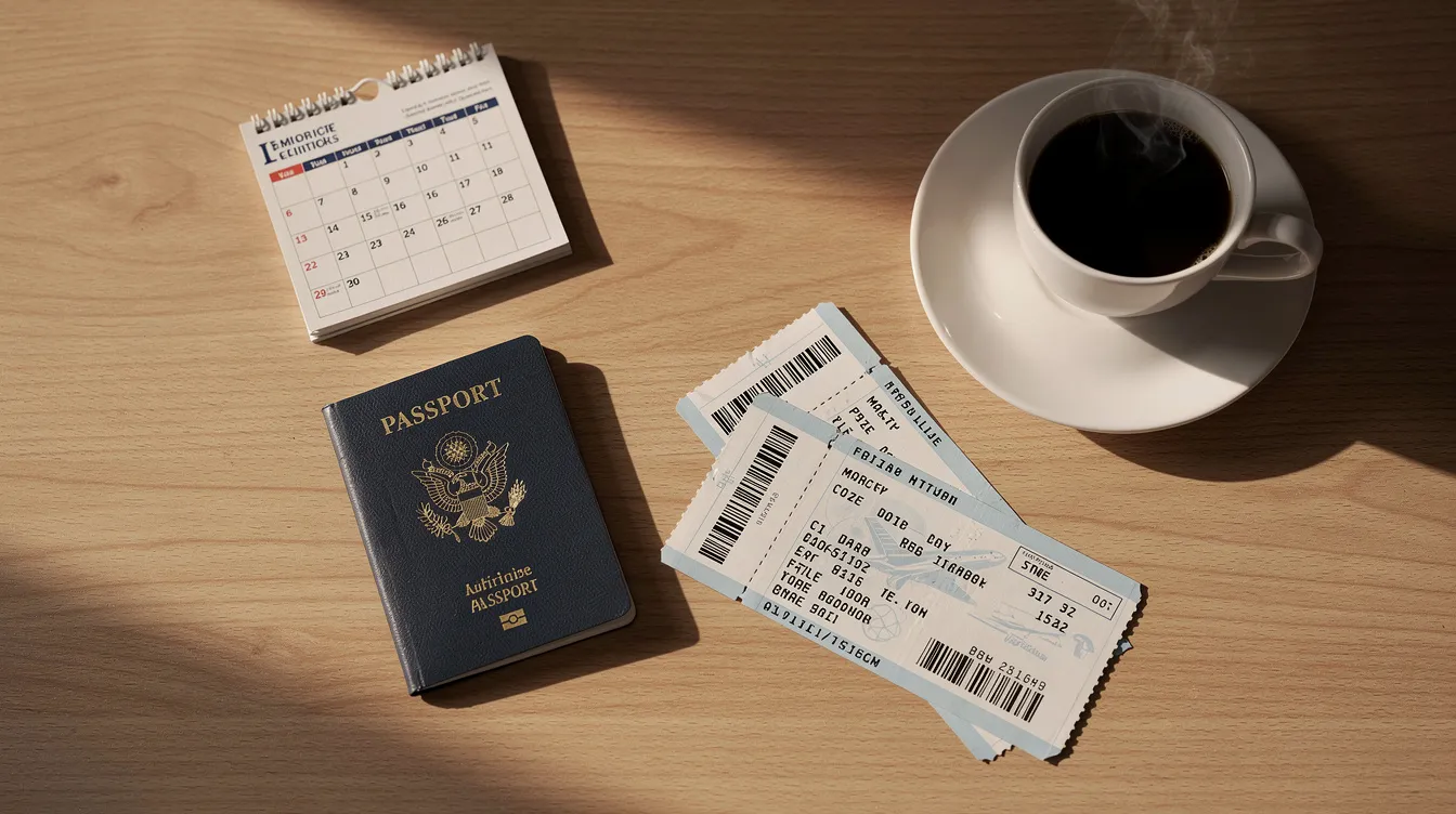A neatly organized desk features a calendar, a passport, and boarding passes, all placed beside a steaming cup of coffee, suggesting preparation for upcoming international flights. This scene evokes the excitement of planning travel and finding cheap flight deals.