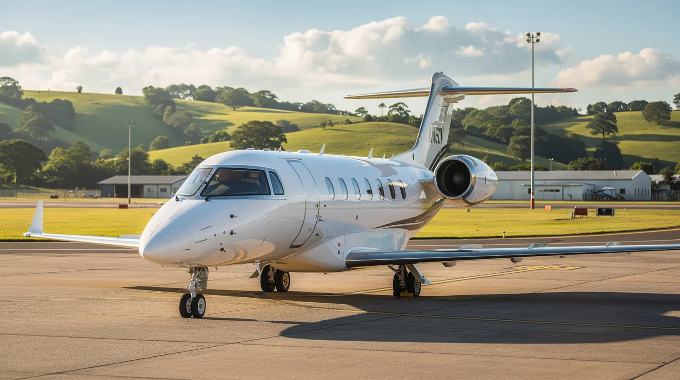 A small private jet is parked on a tarmac at a regional airport, with lush green hills in the background, suggesting a serene departure location for travelers seeking flight deals. This scene highlights the convenience of accessing various flight options and cheap flights for those planning their next trip.