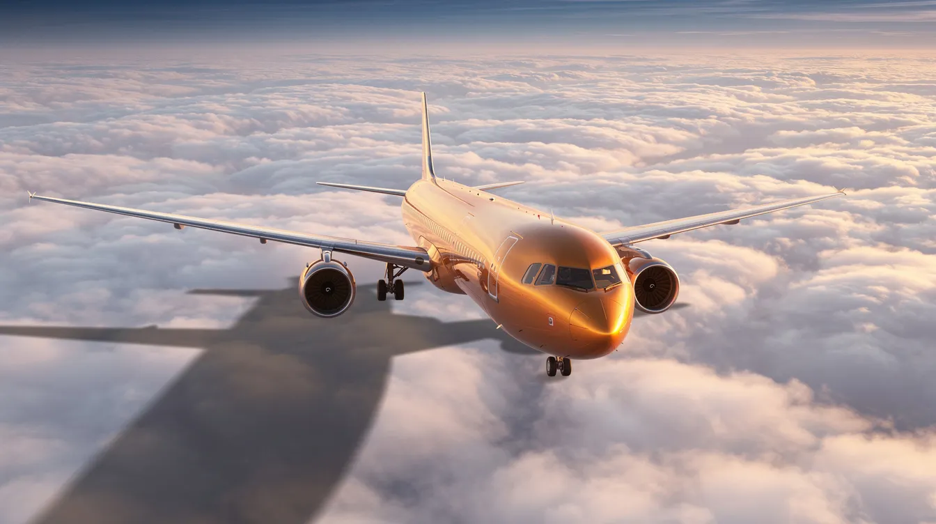 A sleek, modern commercial airplane soars gracefully above a soft layer of clouds, bathed in the warm hues of golden hour. This scene captures the essence of air travel, evoking thoughts of booking cheap flights and exploring international destinations.