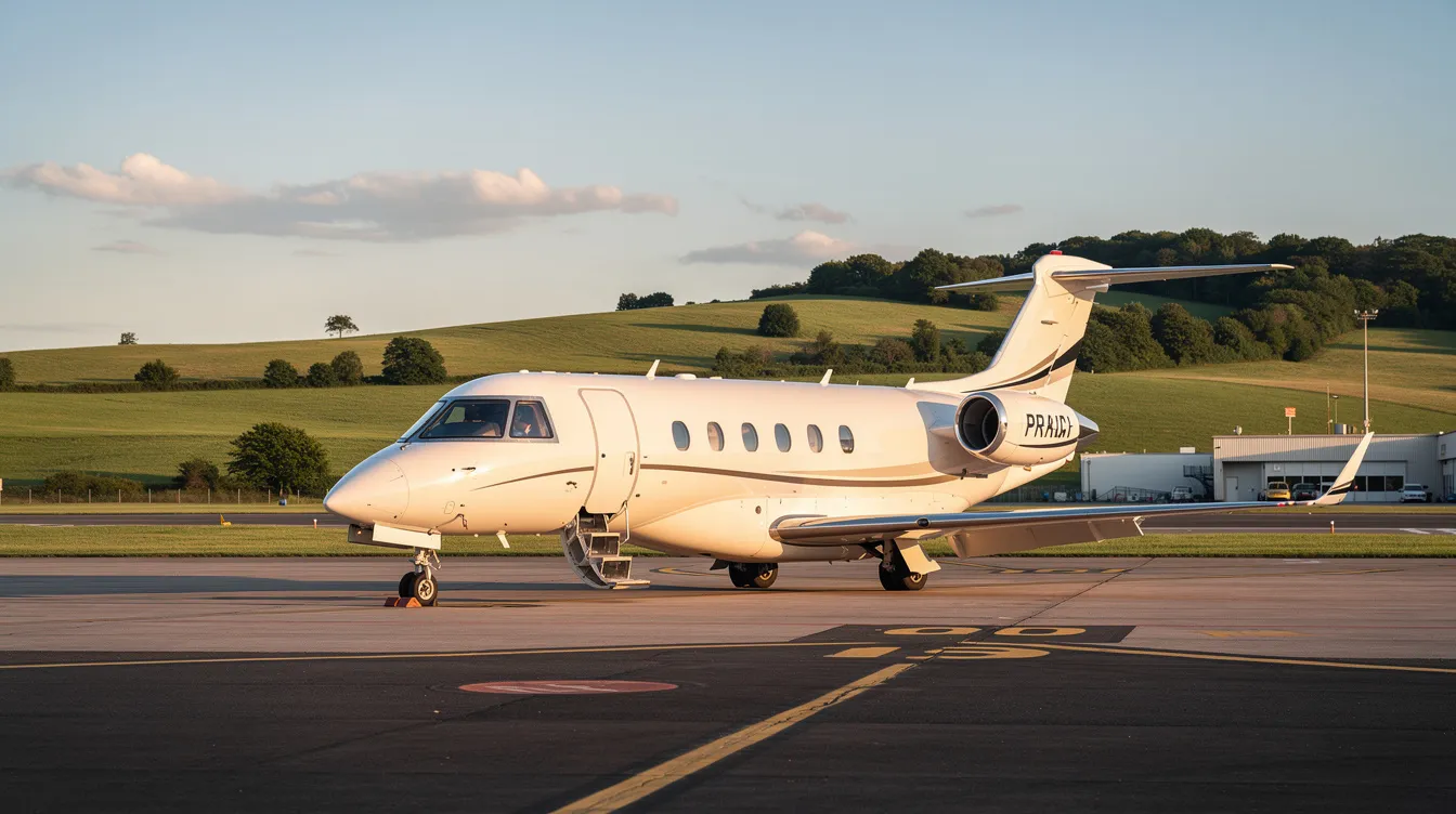 A small private jet is parked at a tranquil regional airport, with lush green hills in the background, creating a serene atmosphere. This scene captures the essence of flying, reminiscent of JetBlue Airways flights, as the plane awaits its next trip.