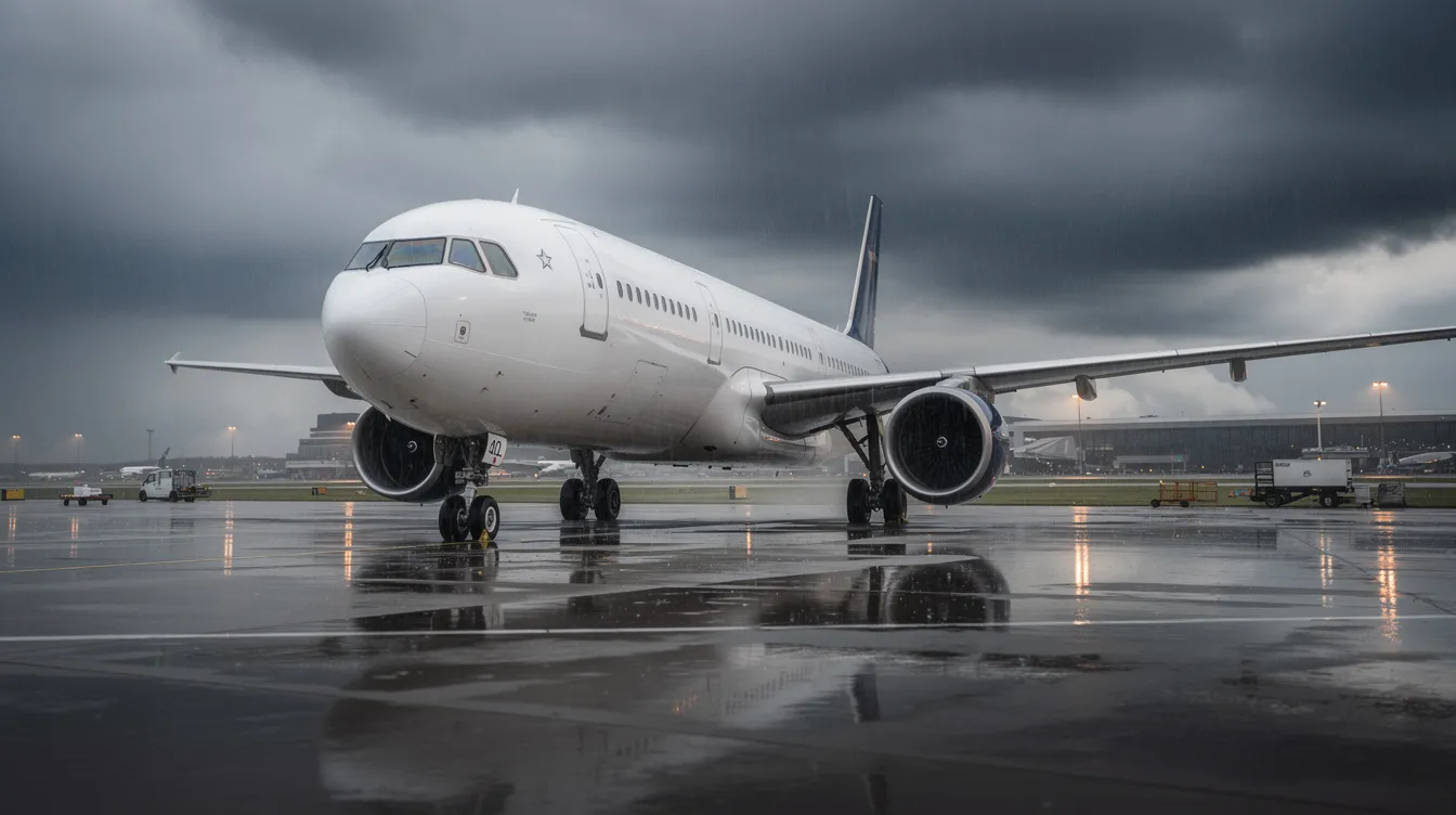 A commercial airplane from JetBlue Airways is parked on a wet tarmac at a large international airport, with dark rain clouds looming overhead. The scene captures the status of flight operations amidst potential delays, reflecting the typical atmosphere of a busy travel day.