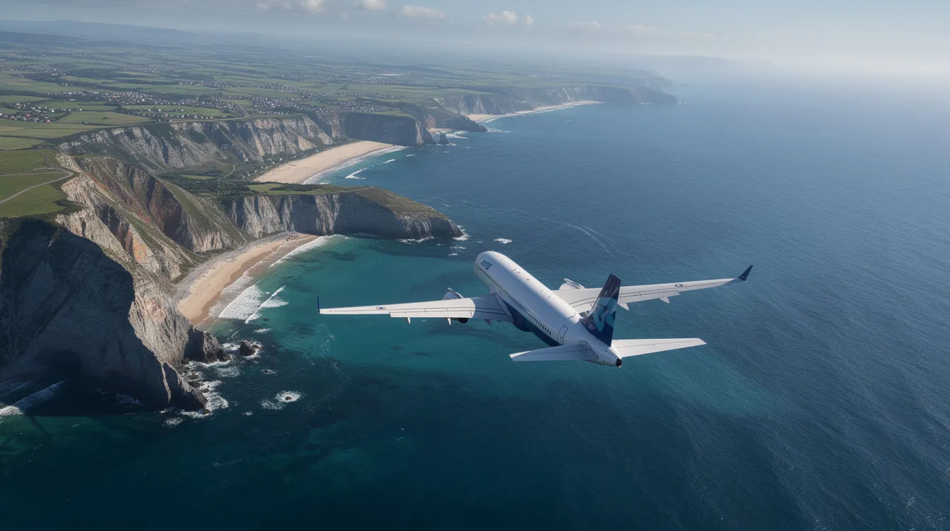 An aerial view captures a commercial airplane soaring above a stunning coastline, illustrating the beauty of air travel for both leisure and business travelers. This scene highlights the excitement of flying internationally or booking domestic flights, reminding viewers of the best day to fly for the cheapest prices.